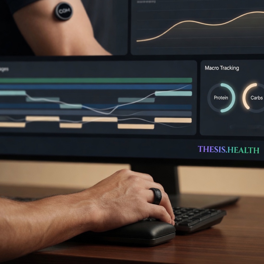 A wearable-integrated dashboard tracking glucose, sleep, and macros in real time.
