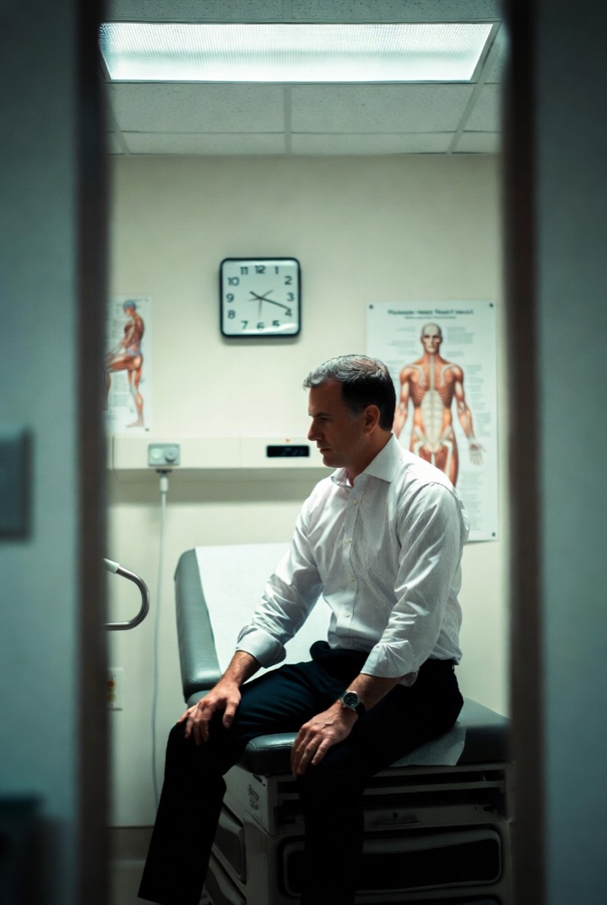 A patient sitting alone in an exam room, waiting.