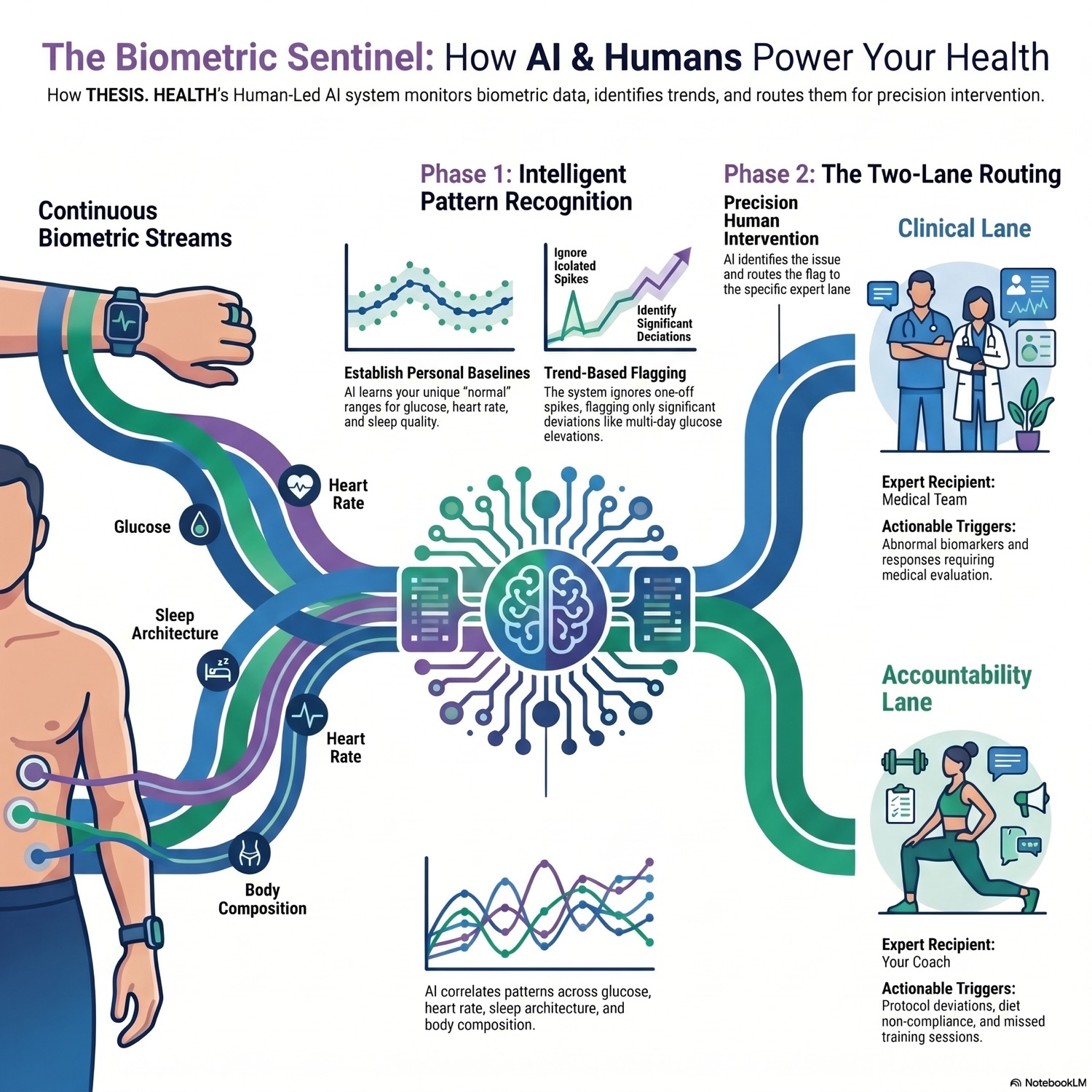 The Biometric Sentinel — how AI and humans power your health: continuous biometric streams, pattern recognition, and two-lane routing.