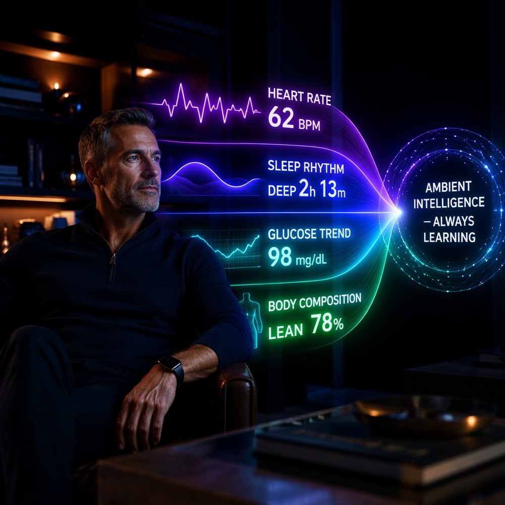 Concierge coaching with always-on AI monitoring — heart rate, sleep, glucose, and body composition.