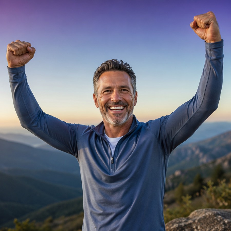 A man celebrating with arms raised on a mountain summit at sunrise