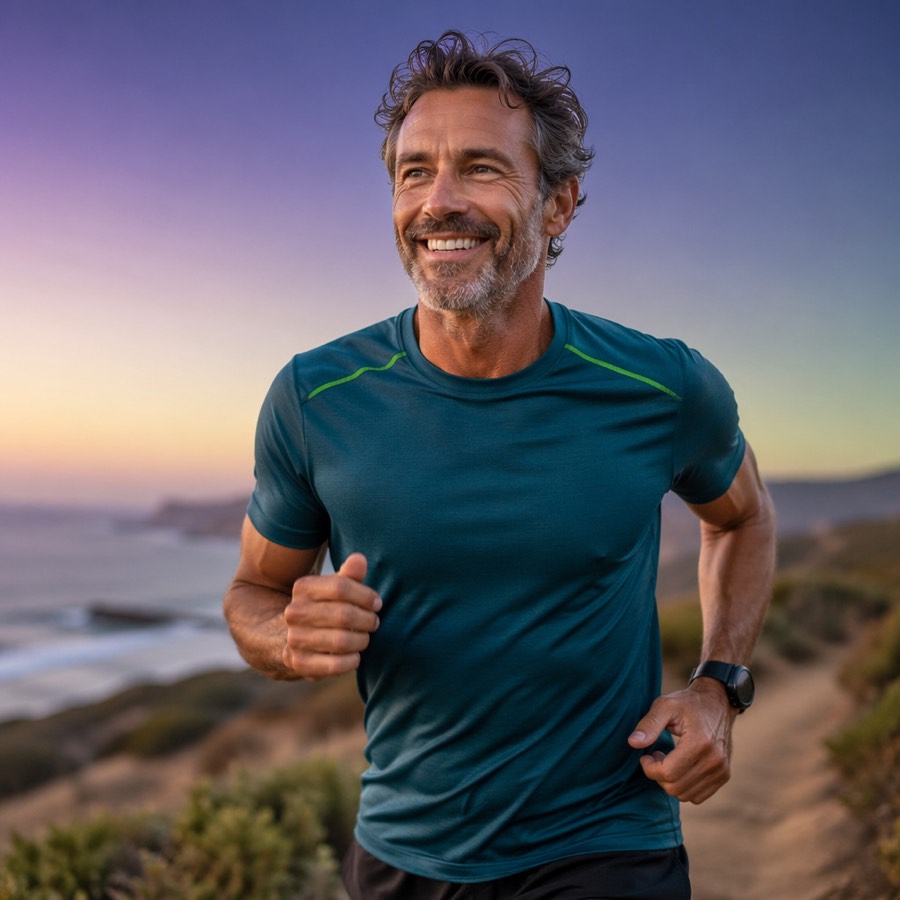 An energized, healthy man running along a coastal trail at sunrise