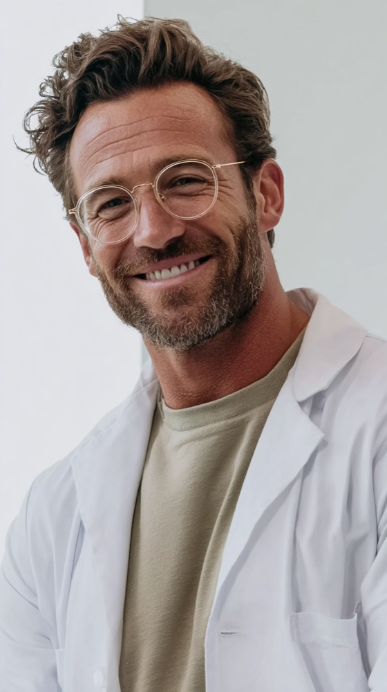 A licensed physician — friendly, approachable, in a white coat.