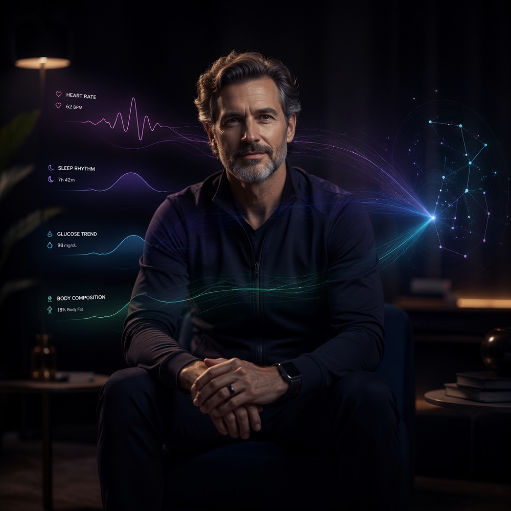 A high-performing professional with always-on biometric monitoring — heart rate, sleep, glucose, and body composition.